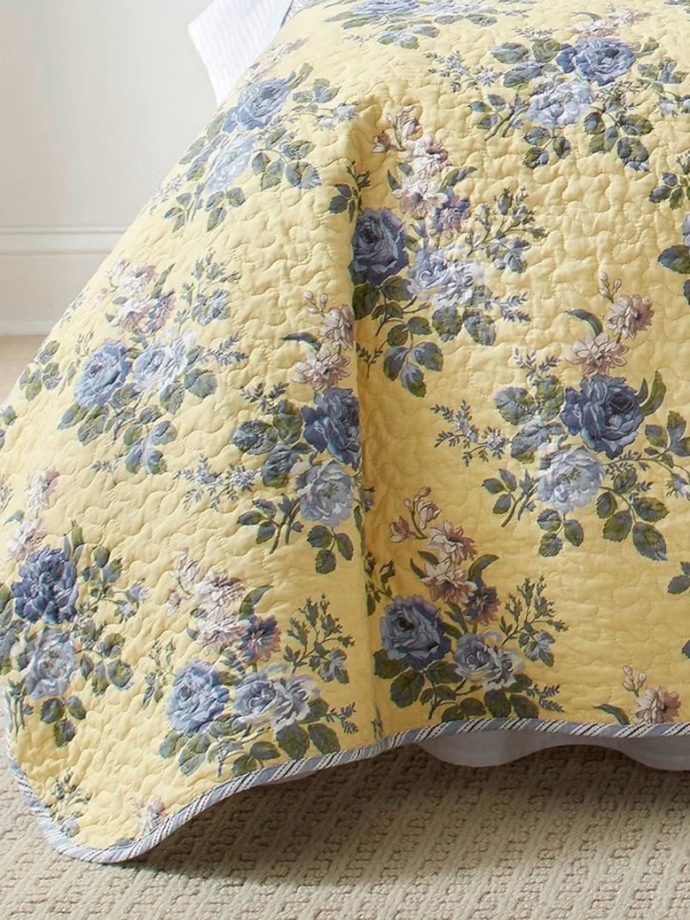 Laura Ashley Yellow Floral Quilt with Blue Blooms